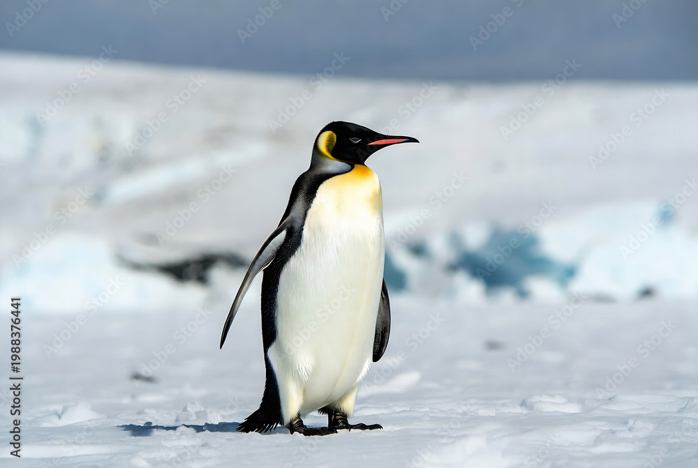Obraz premium A male emperor penguin stands on a snowy Antarctic landscape. He is observing his surroundings, likely searching for food or mates.