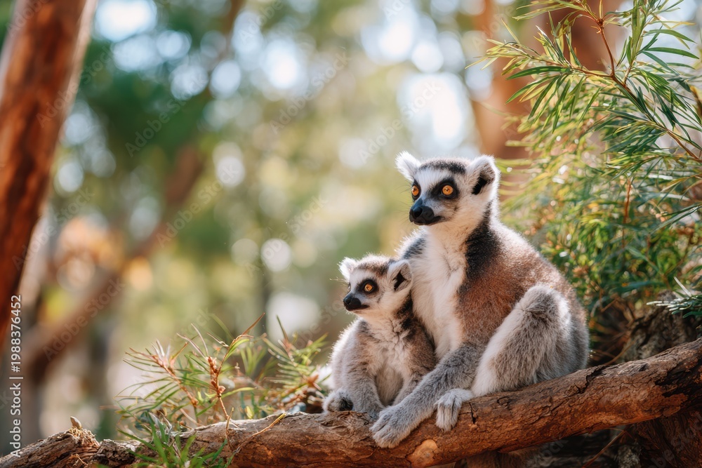Fototapeta premium Mother lemur with baby lemur on tree branch