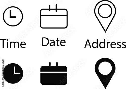 Minimalist event information icon set, black and white time date and address symbols, vector UI elements for schedule and location details