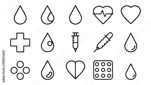 A collection of white outline hematology and medical symbols is displayed in a grid on a solid black background.