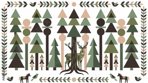 Whimsical Forest Scene Featuring a Majestic Deer, Birds, and Horses Amidst Geometric Trees