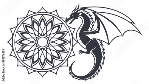 Fantasy dragon silhouette beside intricate circular mandala with mythical