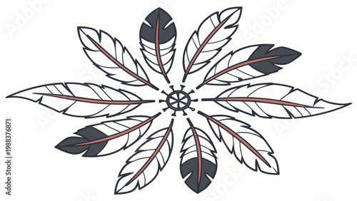 Stylized feather arrangement with central tribal wheel icon feathers symmetry