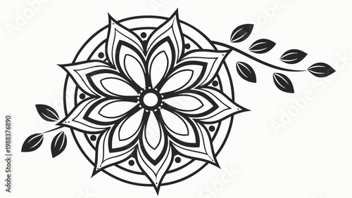 Circular floral mandala design with decorative leafy vines circular ornamental