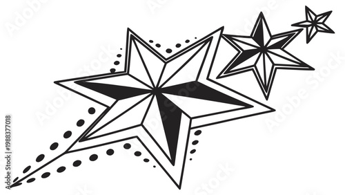 Black and white graphic nautical star trio illustration with nautical, celestial