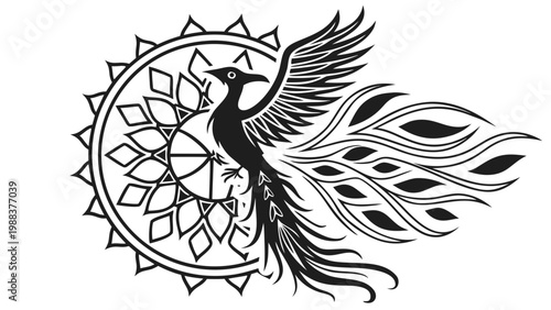 Phoenix rising within mandala graphic design with mythical ornamental circular