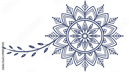 Dark blue elaborate floral mandala design with leaf branch ornament botanical
