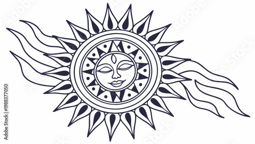 Stylized sun graphic with human face and flowing rays celestial illustration