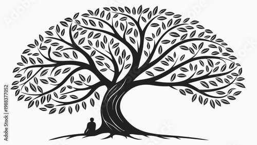 Silhouette graphic of a person meditating under a large tree with meditation