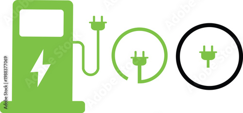 Green electric vehicle charging station icons, EV battery charger symbols with power plug, sustainable transport vector set for eco-friendly energy