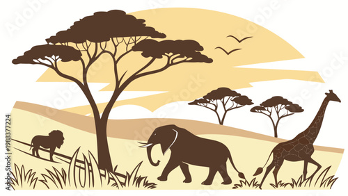 African safari wildlife illustration in silhouette style with wildlife, elephant