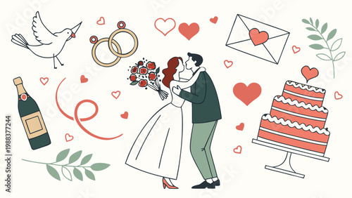 Wedding icons set with romantic couple and celebration elements, marriage