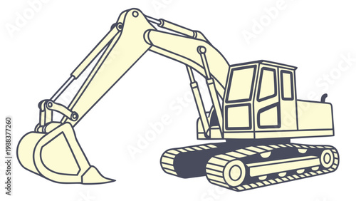 Yellow hydraulic excavator construction machine graphic with excavator, building