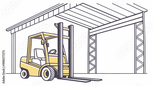 Yellow forklift vehicle in a warehouse loading dock with forklift, warehouse