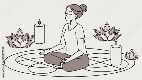 Woman meditating on mandala mat with lotus and candles meditation mindfulness