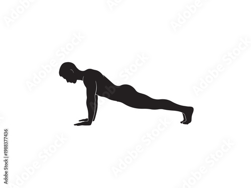 A man in a push-up position with his body in a straight line.eps