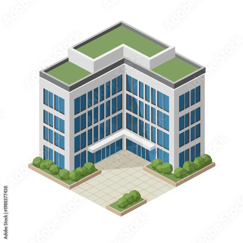Isometric Office Building with Green Roof and Modern Design.