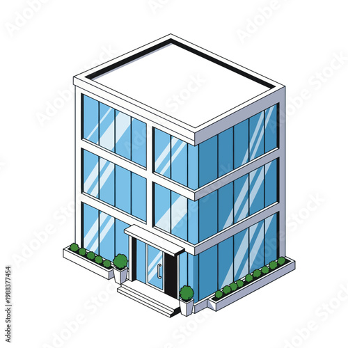 Isometric Illustration of a Modern Office Building with Glass Facade.