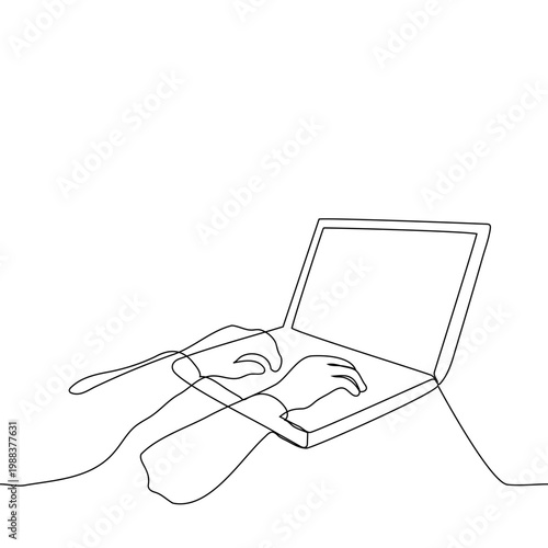 Continuous single line drawing of hands typing on a laptop computer. Minimalist vector illustration of remote work and digital communication.