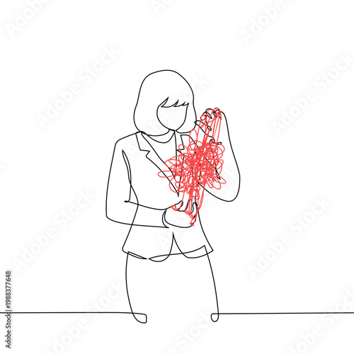 Continuous single line drawing of a businesswoman manually untangling a tangled red line. Minimalist vector illustration representing problem solving, stress management, and complex tasks