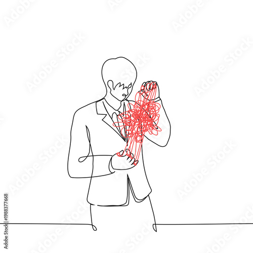 Businessman in a business suit manually untangling a tangled red line. Minimalist vector illustration representing problem solving, stress management, and complex tasks