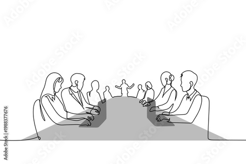 Continuous single line drawing of people sitting at a large conference table during a business meeting. Minimalist vector illustration of teamwork, corporate presentation, and collaboration