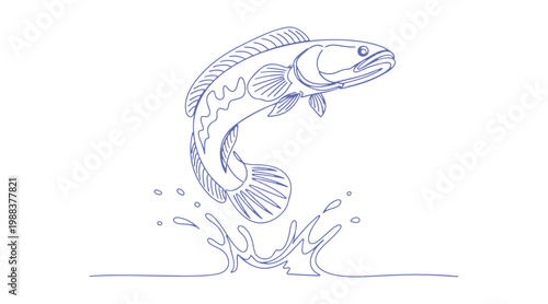 A continuous one-line illustration of a fish jumping in water, isolated on a white backdrop. The aquatic animal represented is a Snakehead fish from the Channidae family, rendered in line art