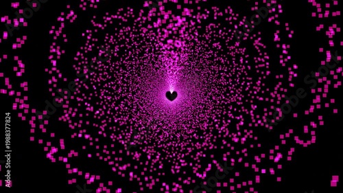 Premium 4K animation featuring a dynamic chaos flow heart-shaped particle tunnel in vibrant. Seamlessly looping motion graphics ideal for Valentine's Day, wedding backgrounds, and romantic social 