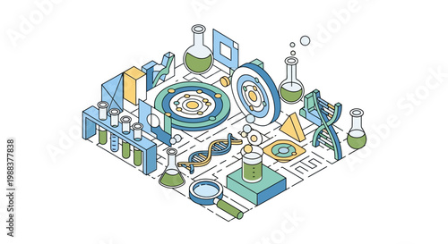 Isometric laboratory illustration depicting scientific research, experimentation and analysis