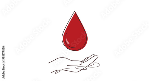 Minimalist representation of a blood drop hovering above a delicate open hand, donation