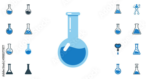 Laboratory flask with chemical icons and scientific equipment on a white background design