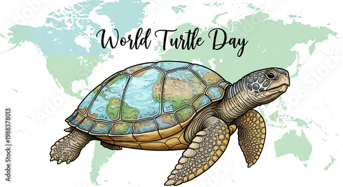 Sea turtle with earth map shell celebrating World Turtle Day