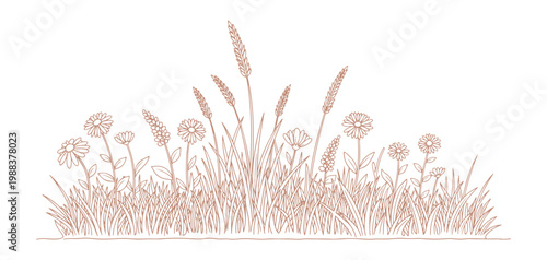 Grass line icon, doodle design of a meadow outline, bush tuft, small lawn, and a black sketch of a flowering plant isolated on a white background. Hand-drawn thicket border