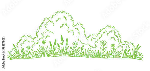 Grass line icon, meadow doodle outline design, bush tuft, small lawn, and a black sketch of a flowering plant isolated on a white background. Thicket hand-drawn border.