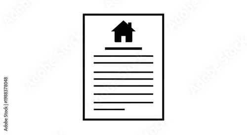 Real estate document icon depicting a house with lines for text and a white background