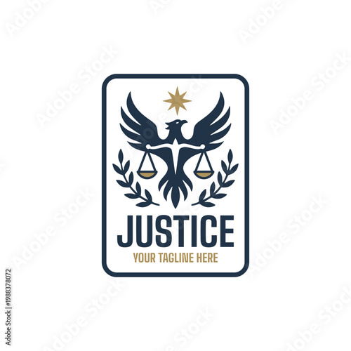A stylized emblem representing justice featuring a central eagle with outstretched wings holding