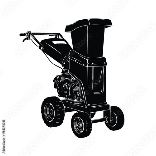 Industrial wood chipper shredder machine silhouette set bundle on wheels.