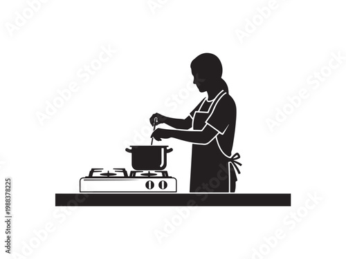 A woman in an apron is cooking on a gas stove.