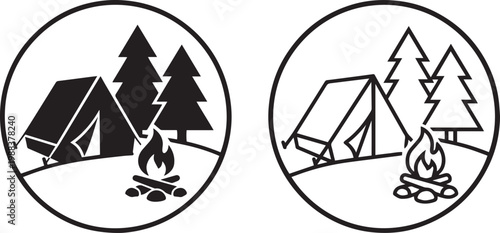 camping icon set tent campfire trees silhouette outline vector illustration