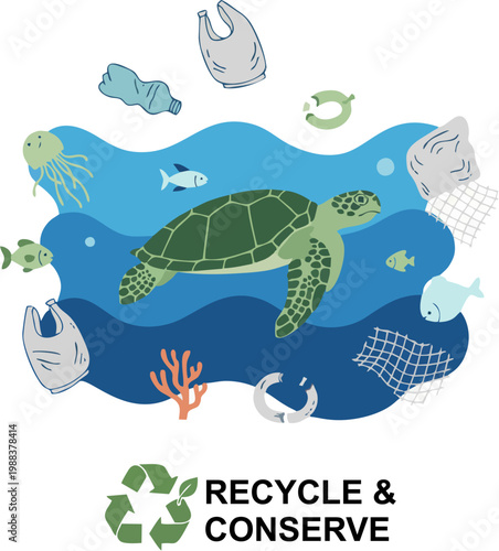 Sea turtle swimming in polluted water with recycling message