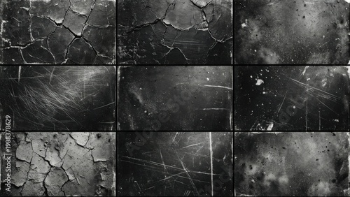 Grunge overlay texture set with cracks, scratches, film noise, and black and white vintage damage effects for photo editing and graphic design

