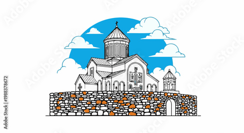 Stylized line art of a stone-walled church with dome and steeple