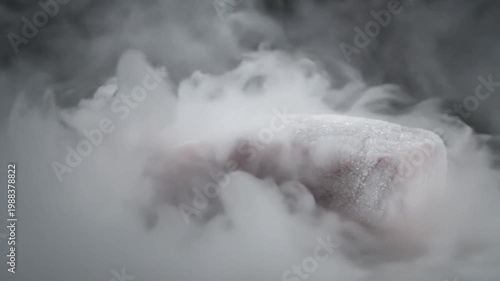 Raw Beef Steak Flash Freezing with Liquid Nitrogen Vapor and Frost Effect
