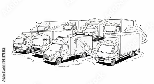 Various box trucks are depicted, some with overflowing cargo, amidst a foamy or bubbly environment