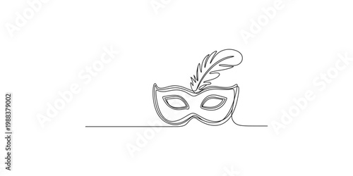 A simple line drawing of a venetian masquerade ball mask with a feather on white background