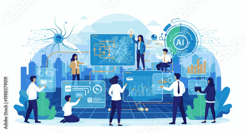 Team collaborating on a digital interface with AI, data, and city backdrop