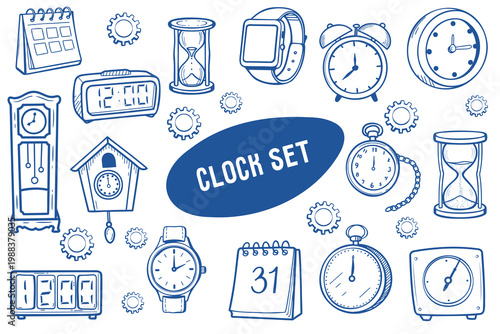 Collection of various clock designs including wall clocks, hourglasses, wristwatches, and a calendar, all illustrated in a blue outline style on a white background