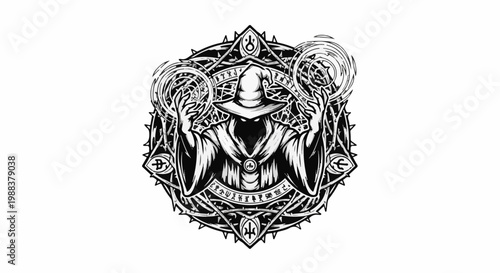 A shadowy figure in a pointed hat conjures mystical energy with glowing hands