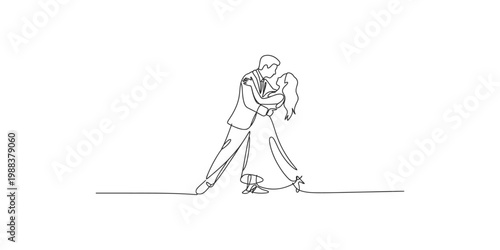 A romantic line drawing of a man and woman dancing together in a beautiful waltz motion on white