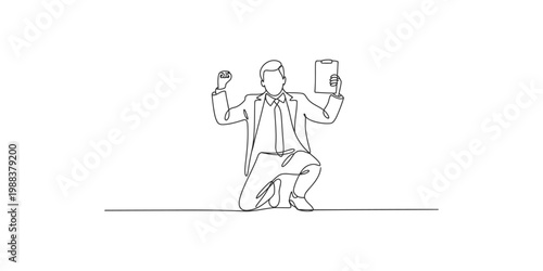 A simple line drawing of a businessman kneeling and holding a tablet and a coin, symbolizing financial success or investment